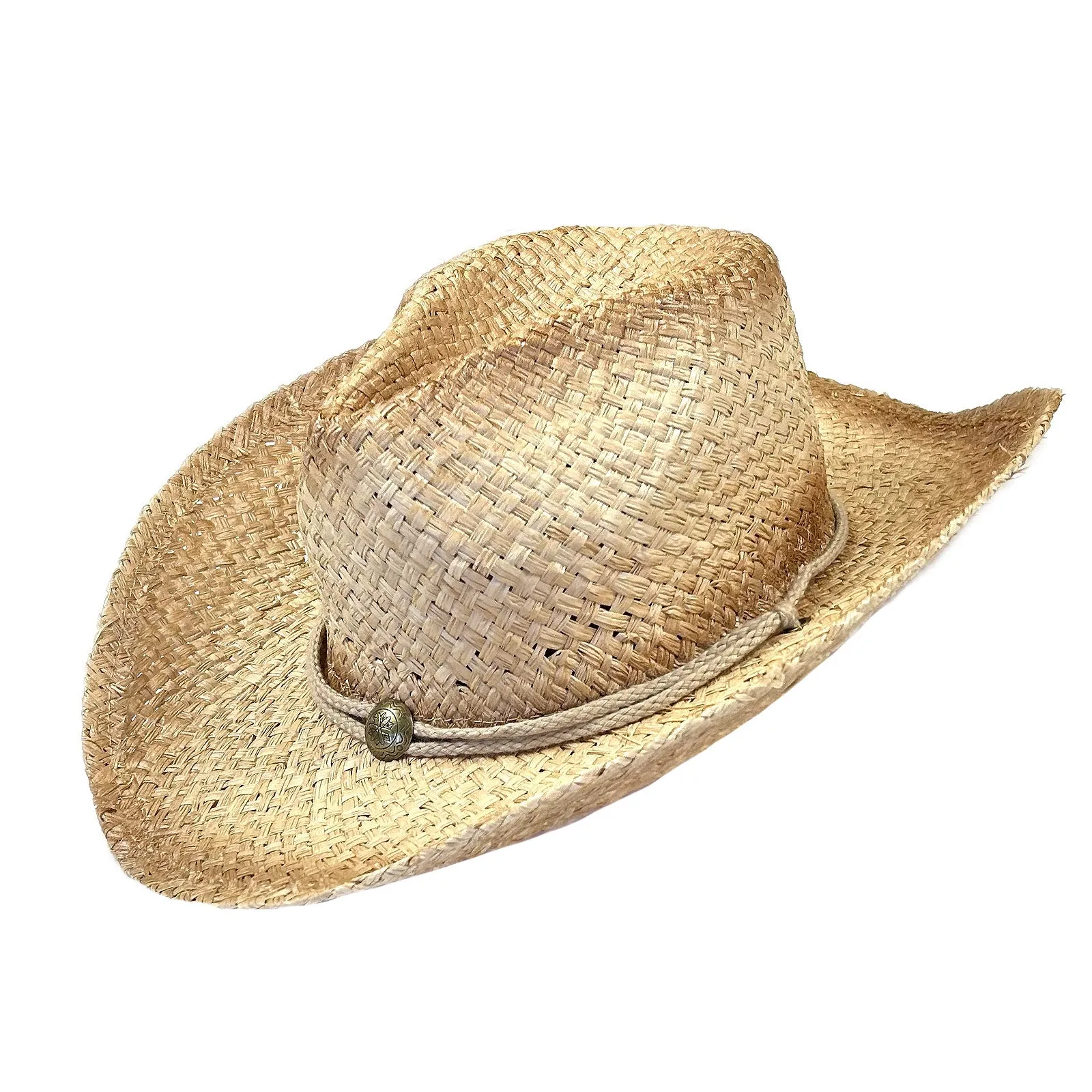 Raffia Full Vent Distressed Brown Band Straw Western Cowboy Hat