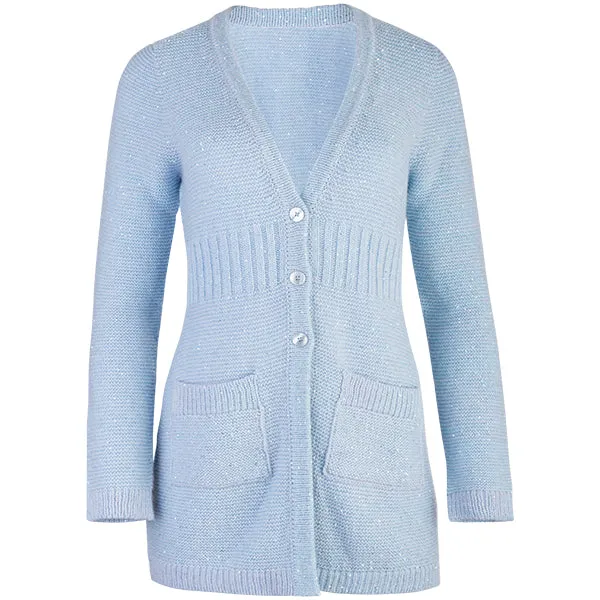 Rib Waist Sequin Long Cardigan in Baby Blue