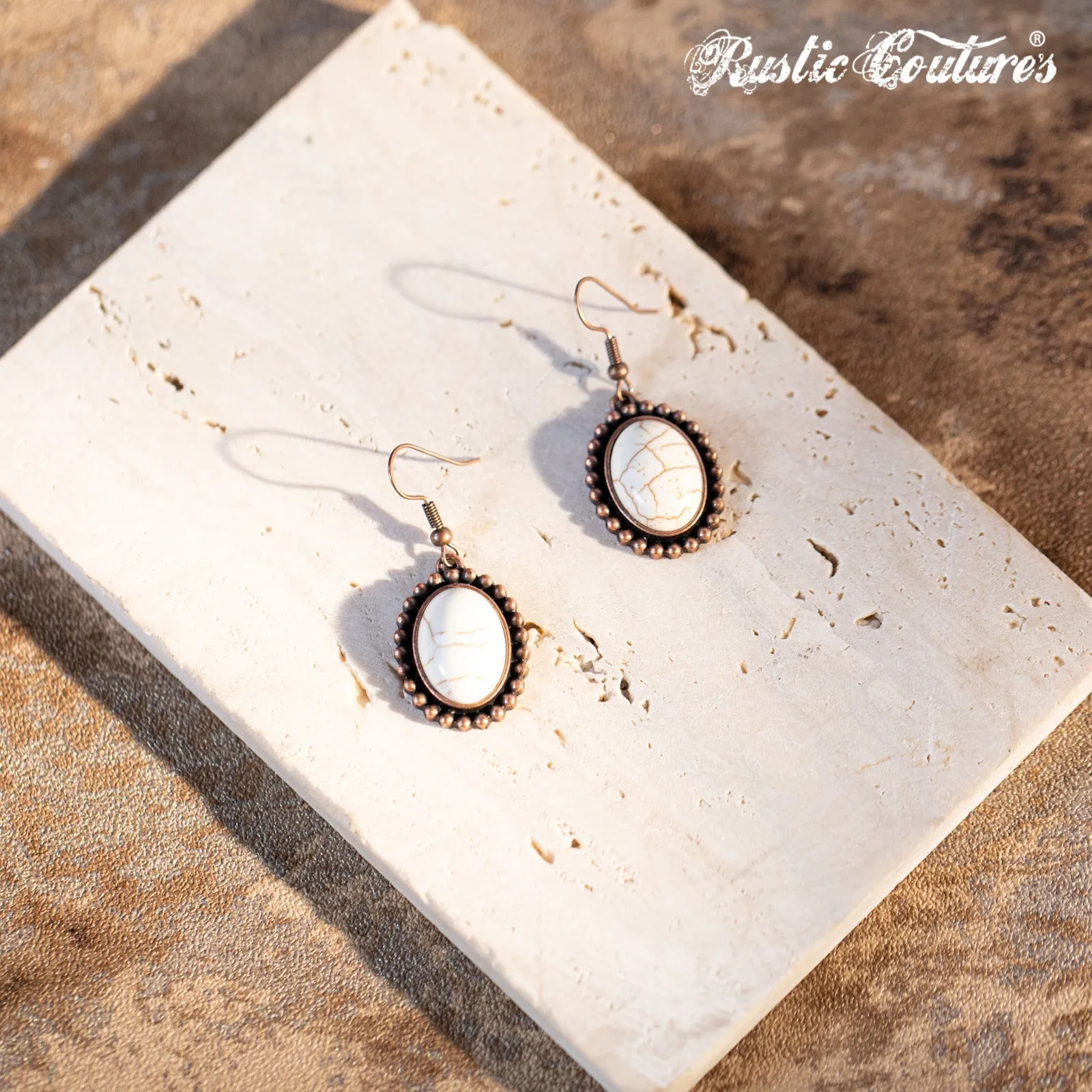 Rustic Couture's Oval Nature Stone with Silver/Brozen Base Dangling Earring