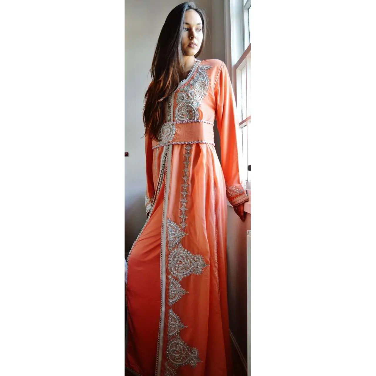 Salmon Pink  Embroidery Moroccan Takchita Party Kaftan-Kalia Style