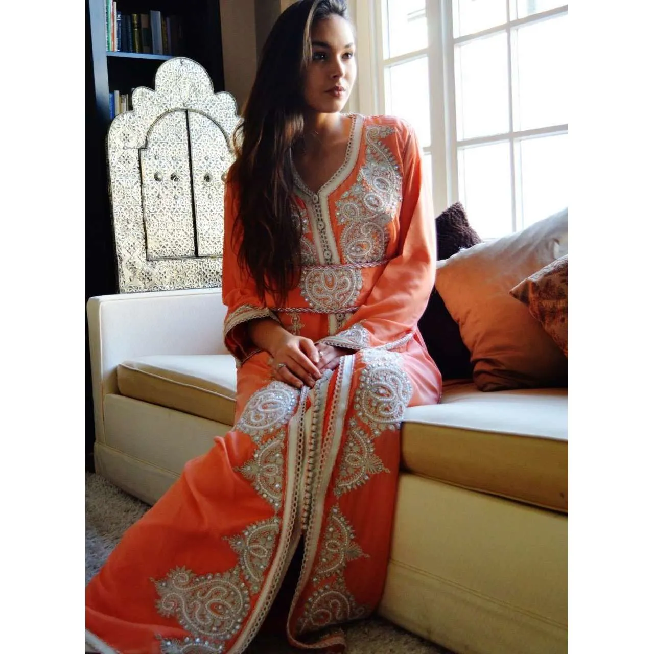 Salmon Pink  Embroidery Moroccan Takchita Party Kaftan-Kalia Style