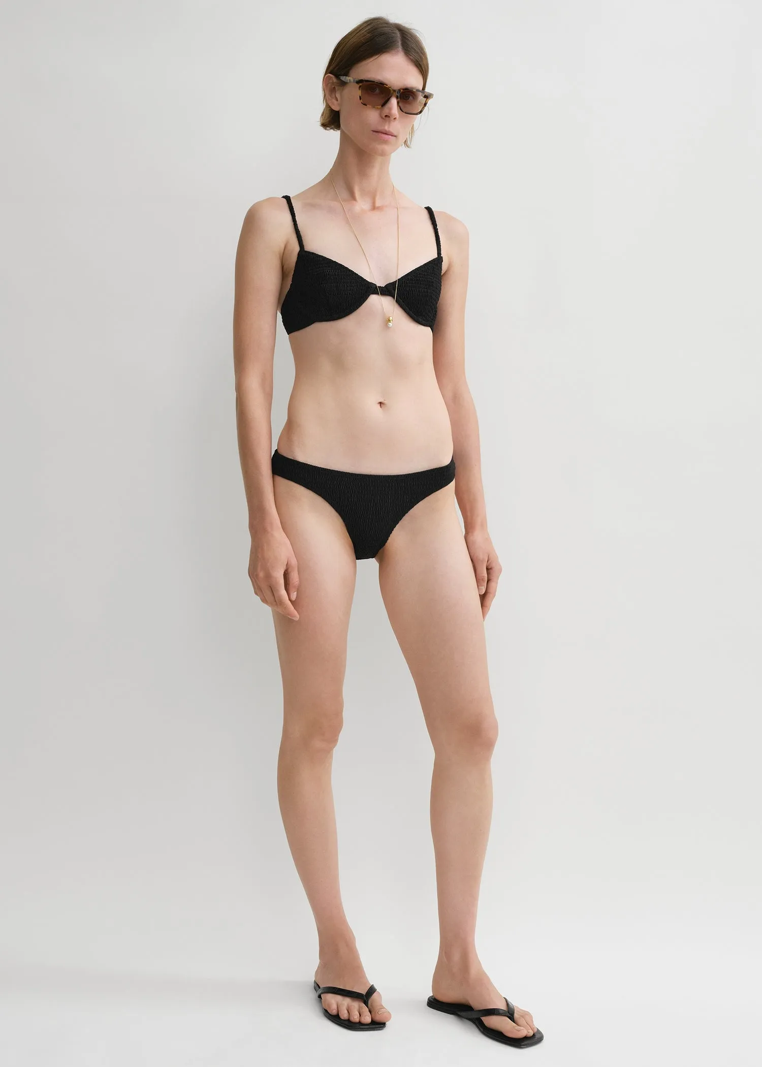 Smocked mid-rise bikini bottoms black