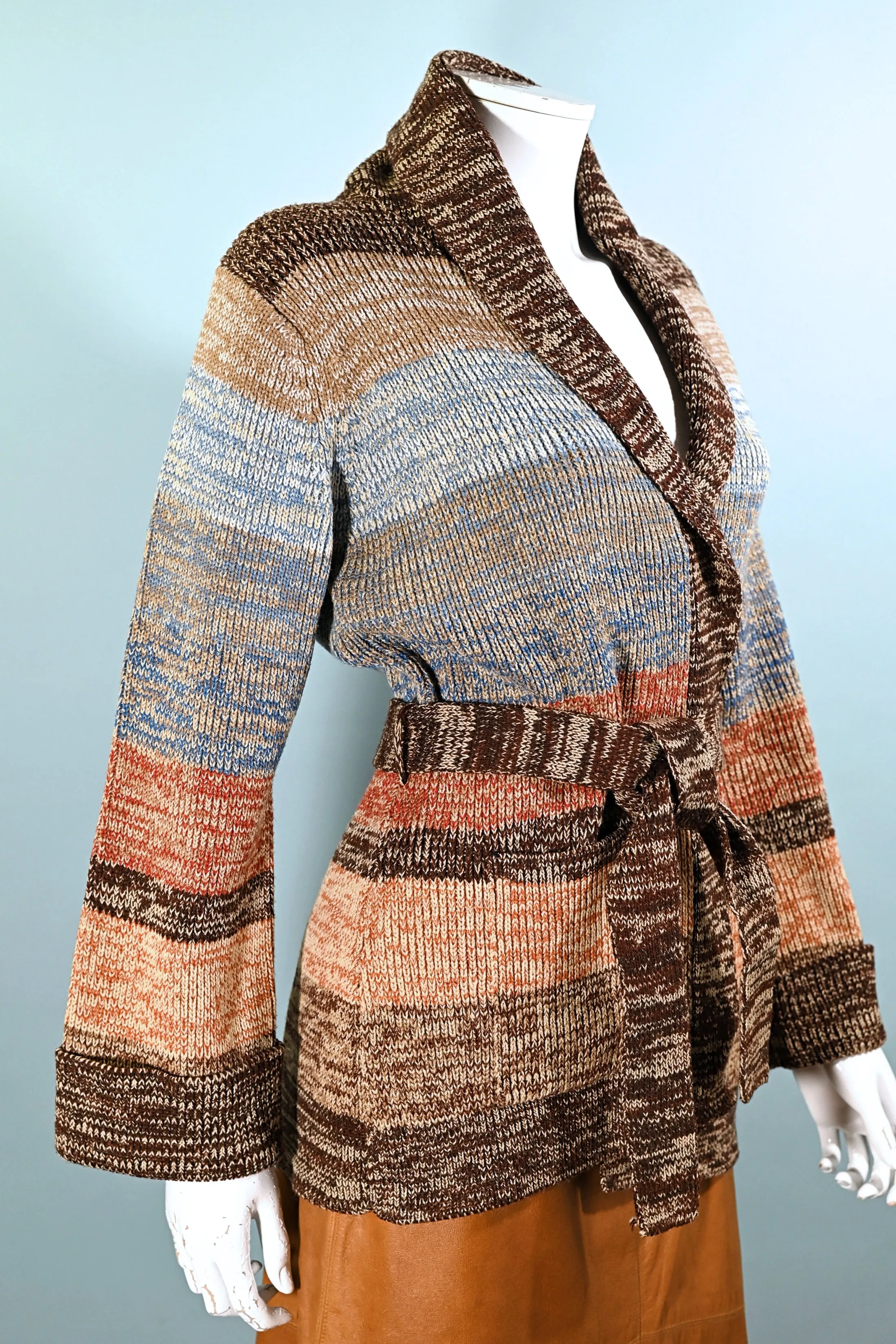 SOLD Vintage 70s Variegated Blue/Brown/Rust Wrap Cardigan Sweater   Belt S