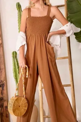 Solid Brown Linen Blend Smocked Jumpsuit with Side Pockets