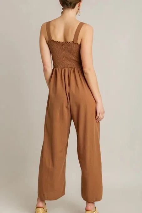 Solid Brown Linen Blend Smocked Jumpsuit with Side Pockets