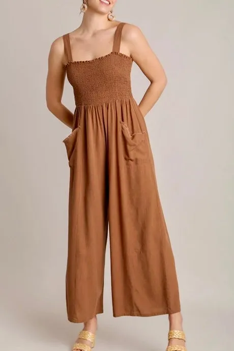 Solid Brown Linen Blend Smocked Jumpsuit with Side Pockets