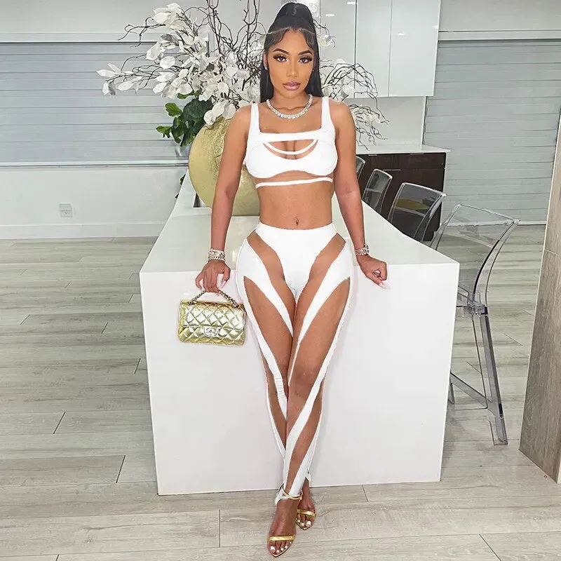 Summer Sheer Mesh Patchwork 2 Piece Set Women Sexy Cut Out Tank Crop Top   Pants Suits Club Outfit Tracksuit Women Sport Fitness