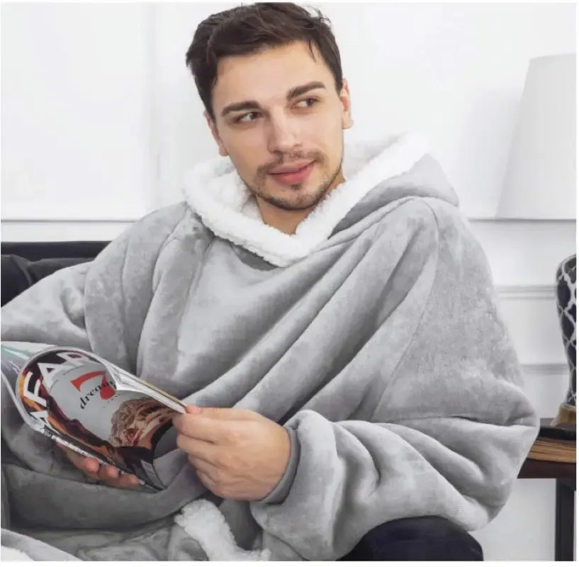 Sweatshirt Thick Warm Fleece Giant TV Oversized Wearable Blanket with Flannel Sleeves Hooded Blanket