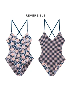 The Reversible Lace Up One Piece. -- Bay Oasis Floral and Bay Check