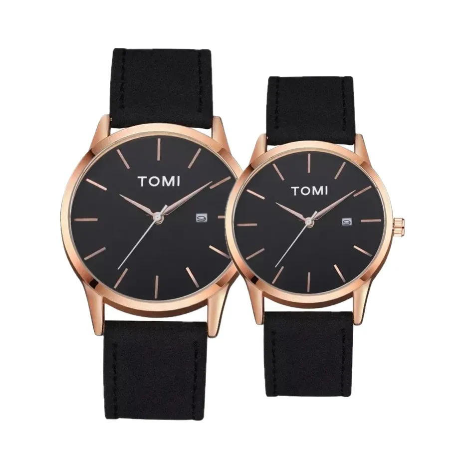 TOMI T-071 Couple Watch Date Quartz Leather Strapa