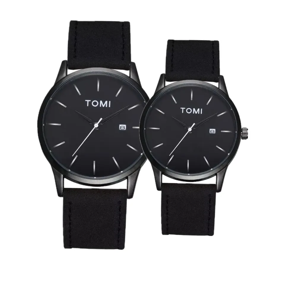 TOMI T-071 Couple Watch Date Quartz Leather Strapa