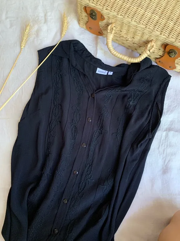 Vintage Black Embroidered Sleeveless Blouse