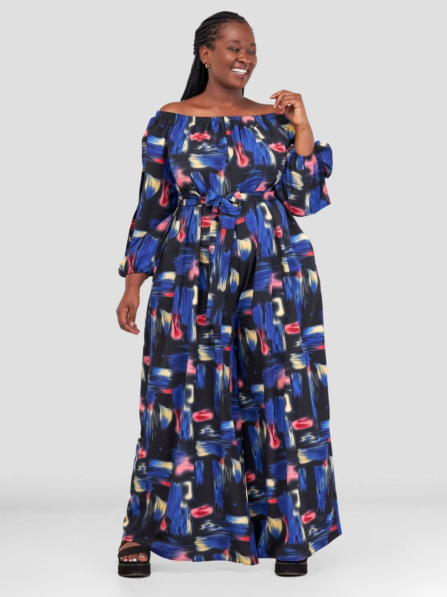 Vivo Maisha Off Shoulder Jumpsuit - Blue / Black Abstract Print