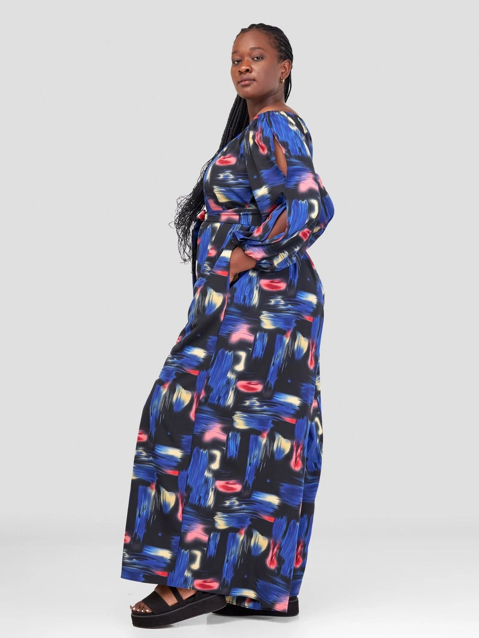 Vivo Maisha Off Shoulder Jumpsuit - Blue / Black Abstract Print