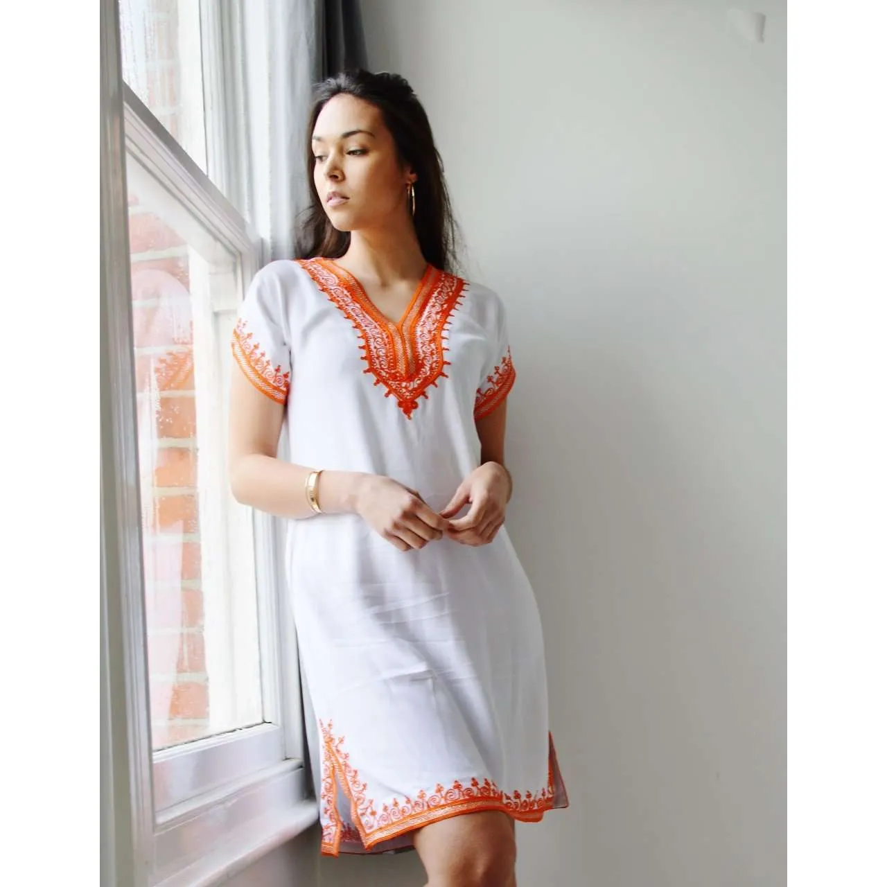 White with Orange Embroidery Tunic Dress-Moroccan Dress