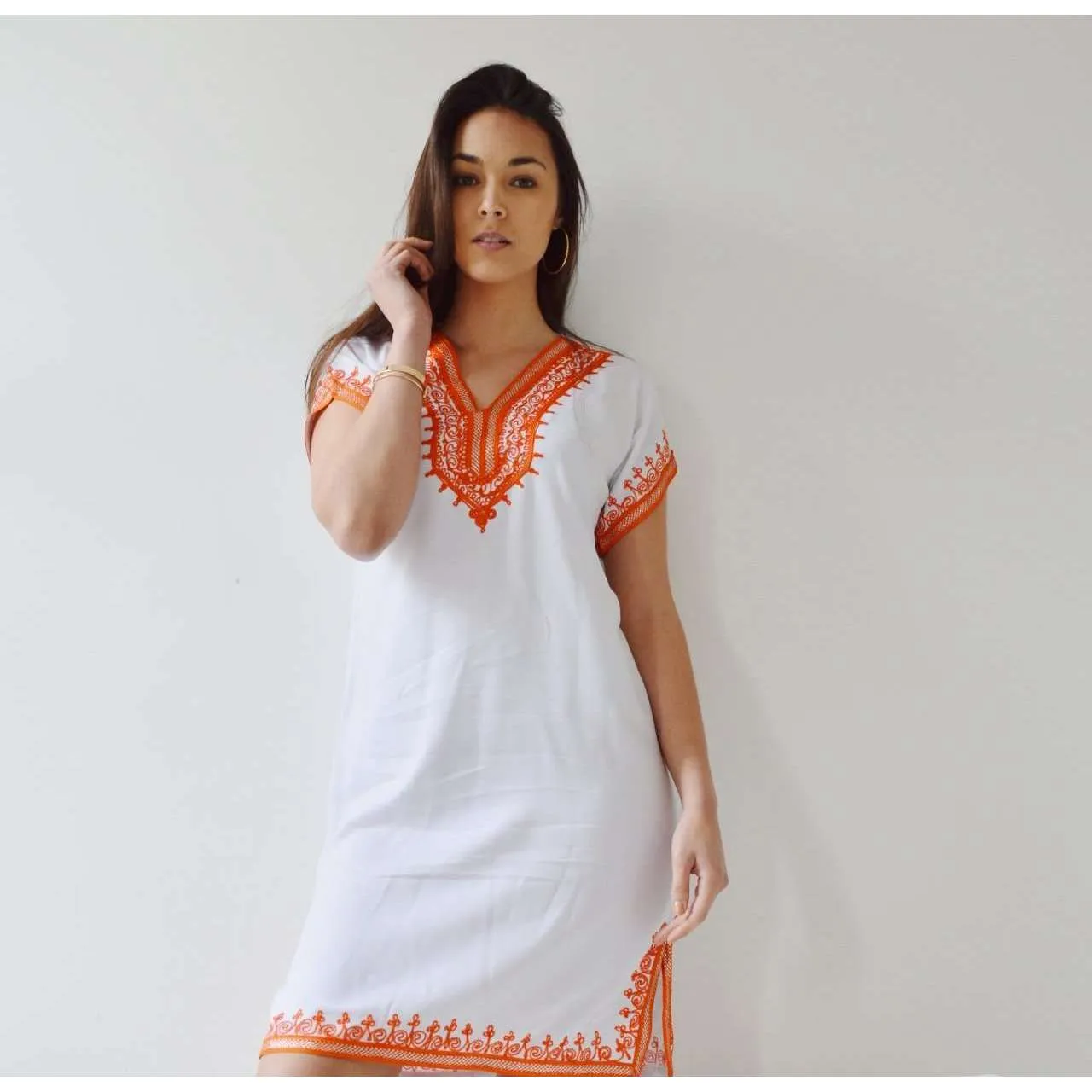 White with Orange Embroidery Tunic Dress-Moroccan Dress