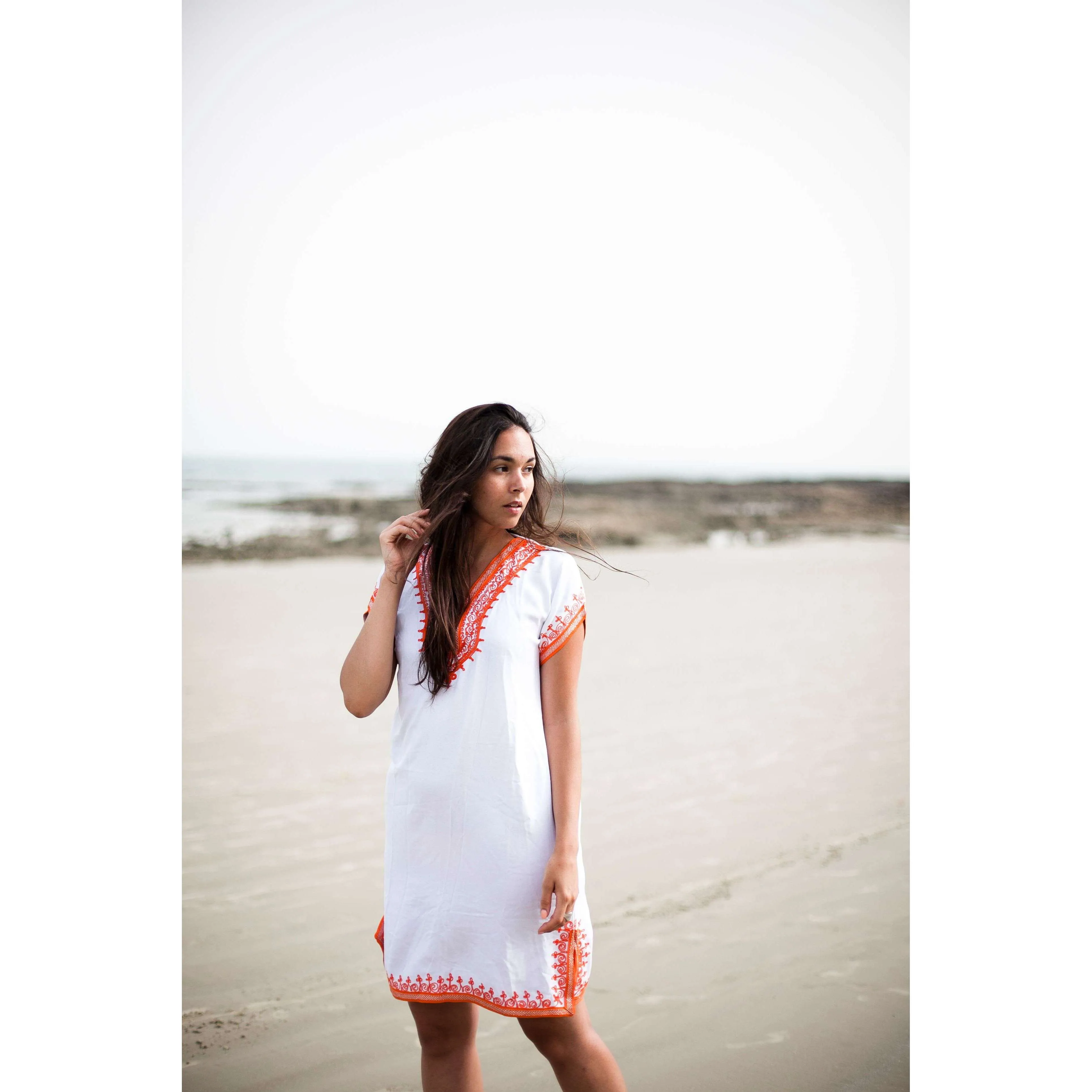 White with Orange Embroidery Tunic Dress-Moroccan Dress