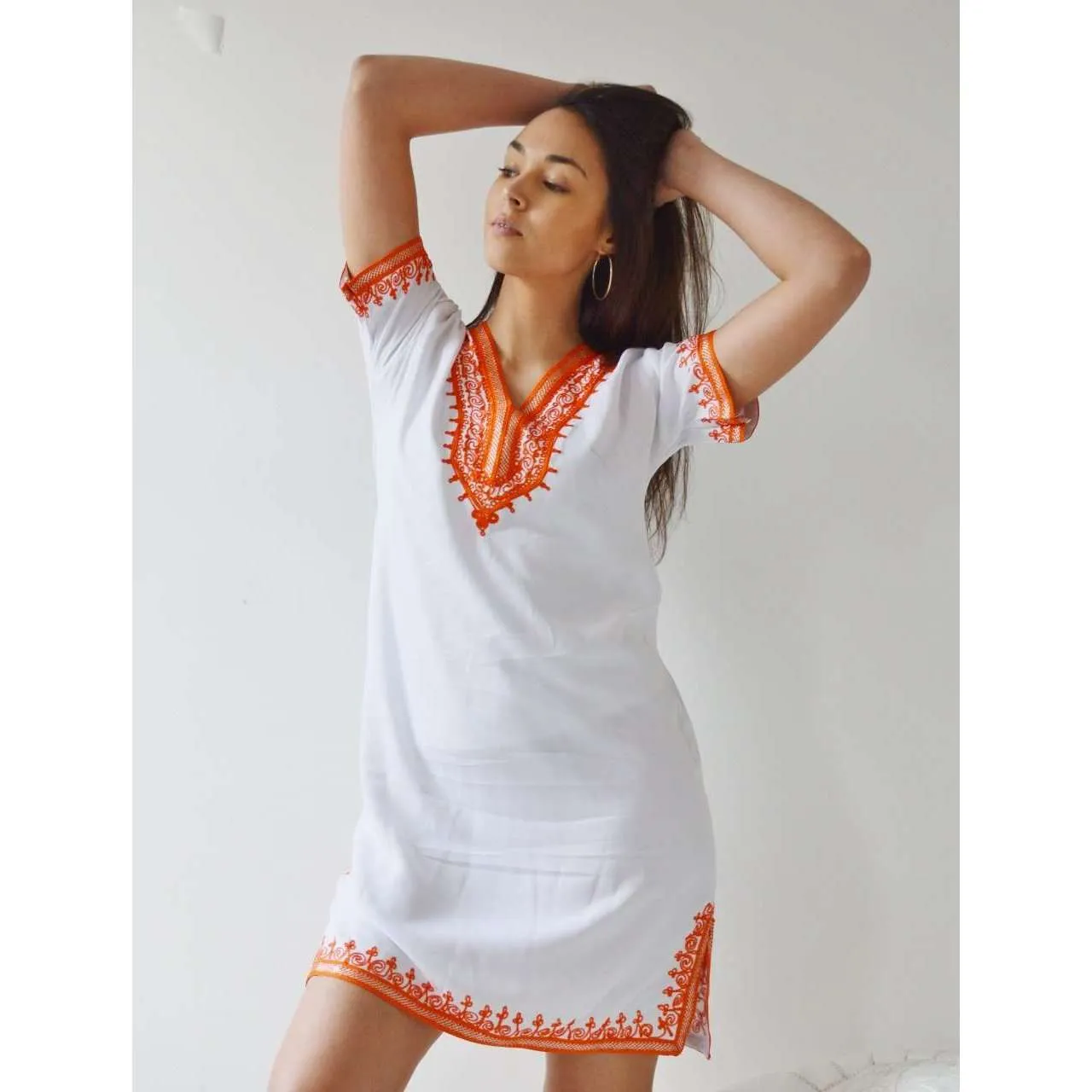 White with Orange Embroidery Tunic Dress-Moroccan Dress