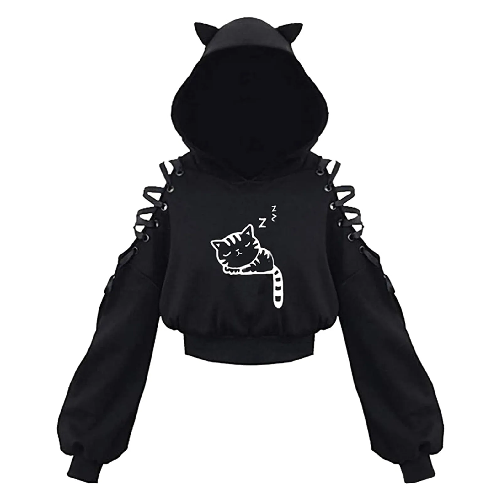 Women Long Sleeve Hoodies Kawaii Cat Ears Hoodie Gothic Punk Harajuku Cold Shouler Bandage