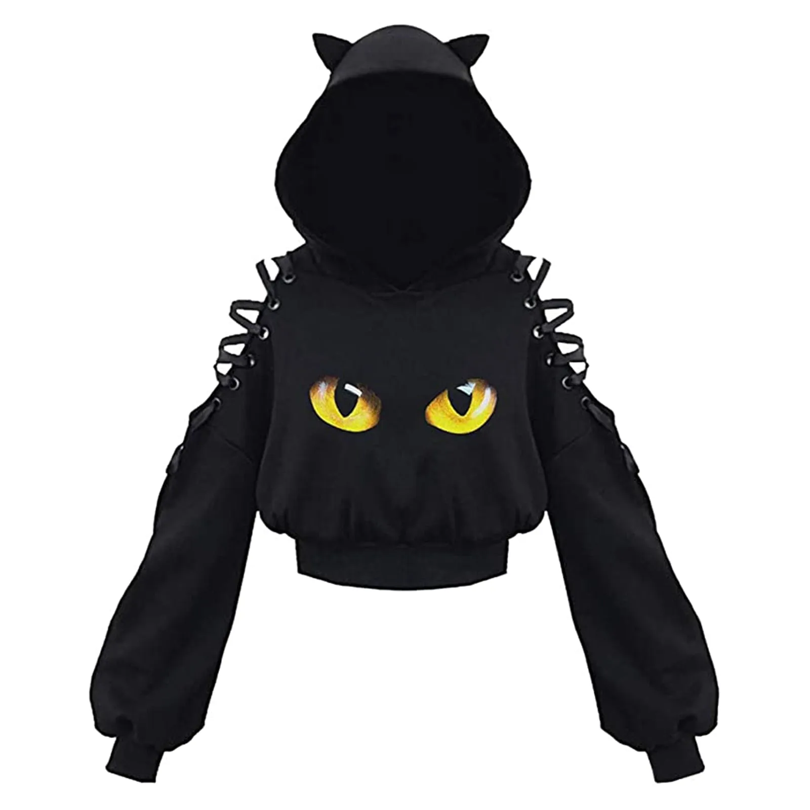 Women Long Sleeve Hoodies Kawaii Cat Ears Hoodie Gothic Punk Harajuku Cold Shouler Bandage