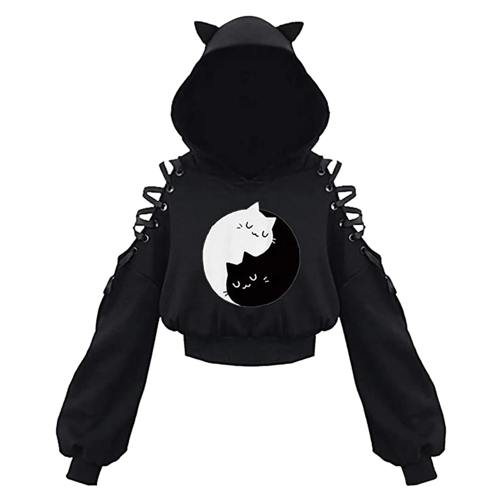 Women Long Sleeve Hoodies Kawaii Cat Ears Hoodie Gothic Punk Harajuku Cold Shouler Bandage