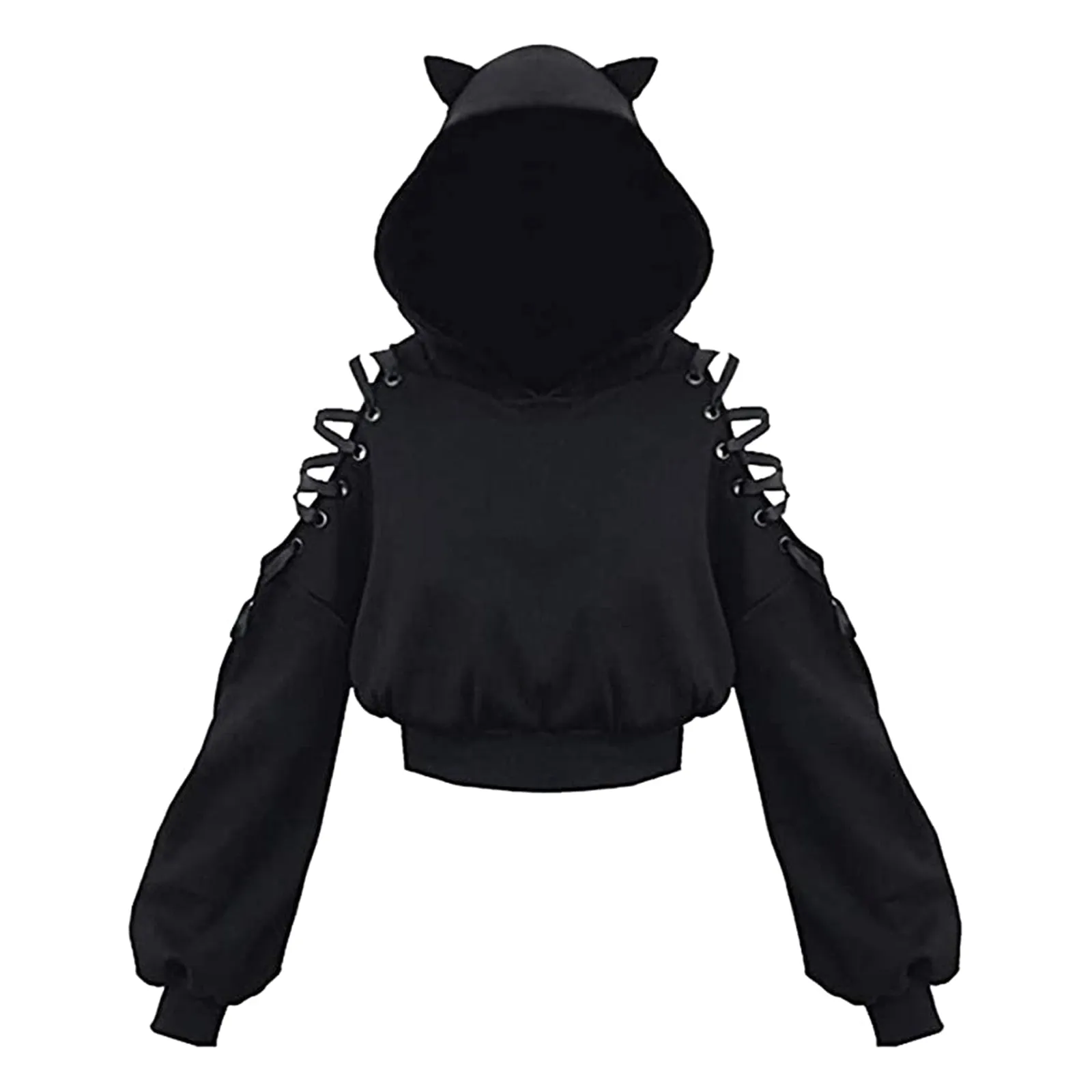 Women Long Sleeve Hoodies Kawaii Cat Ears Hoodie Gothic Punk Harajuku Cold Shouler Bandage