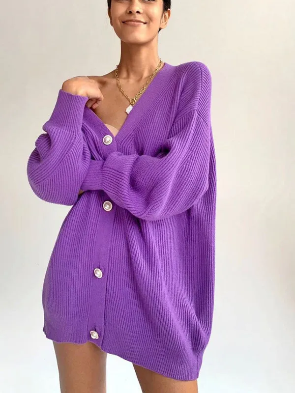 Women's Oversized Loose Fit Ribbed Button Up Cardigan