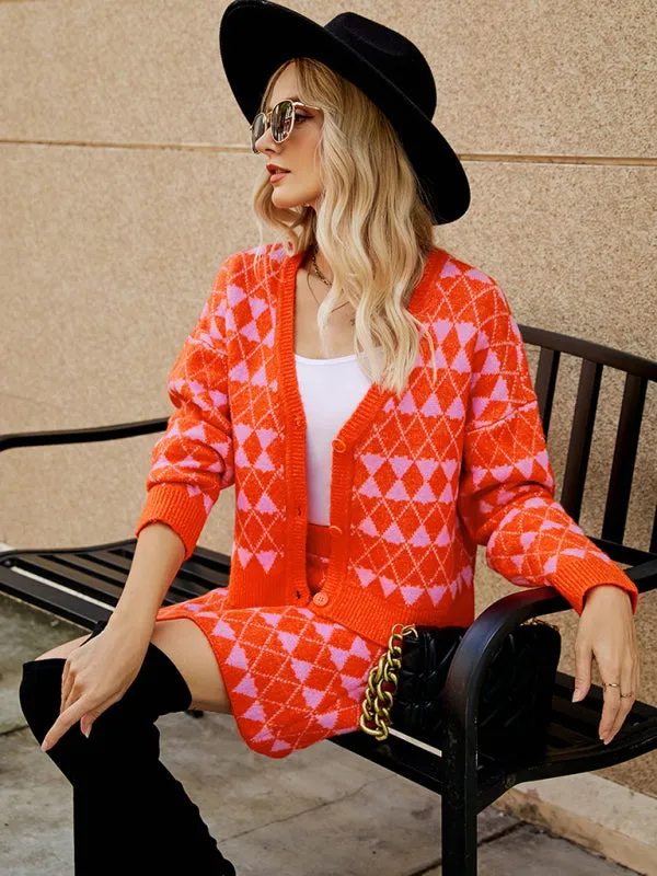 Women's Two Piece Diamond Print Knitted Cardigan and Matching A-line Skirt